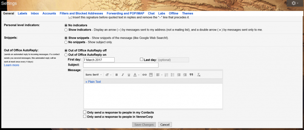 Out of Office AutoReply in Gmail